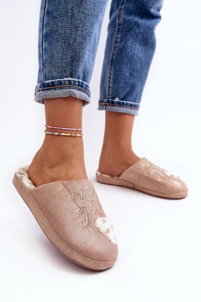 Love Lace Love Lace Women's Shiny Slip On Fur Lined Heart Embroidered Thick Sole Slippers in Pink - 2