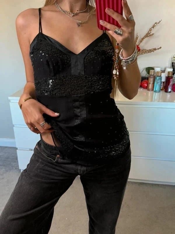 Oasis Vintage oasis silk black sequin floaty double strap cami vest top