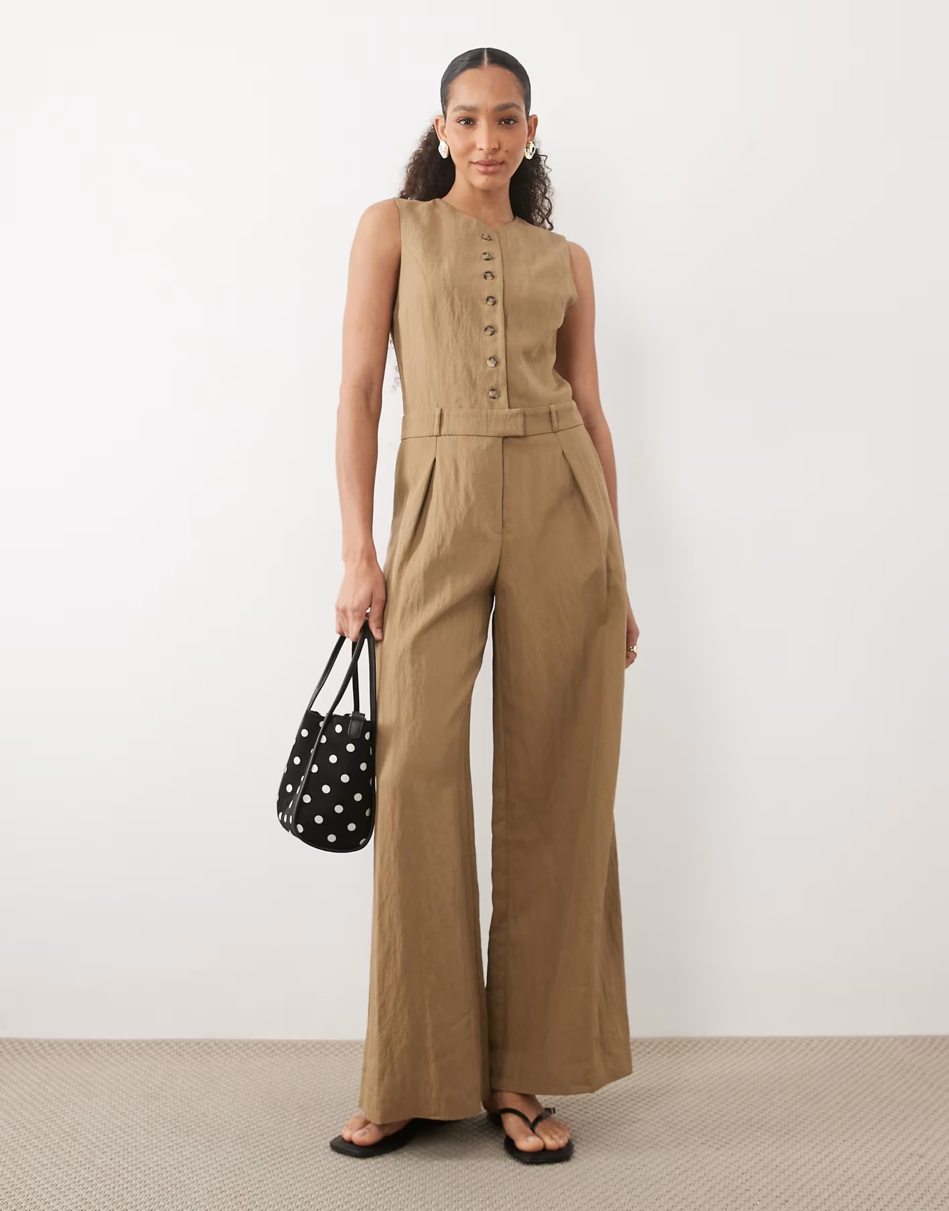 ASOS Mango button up tailored jumpsuit in light khaki