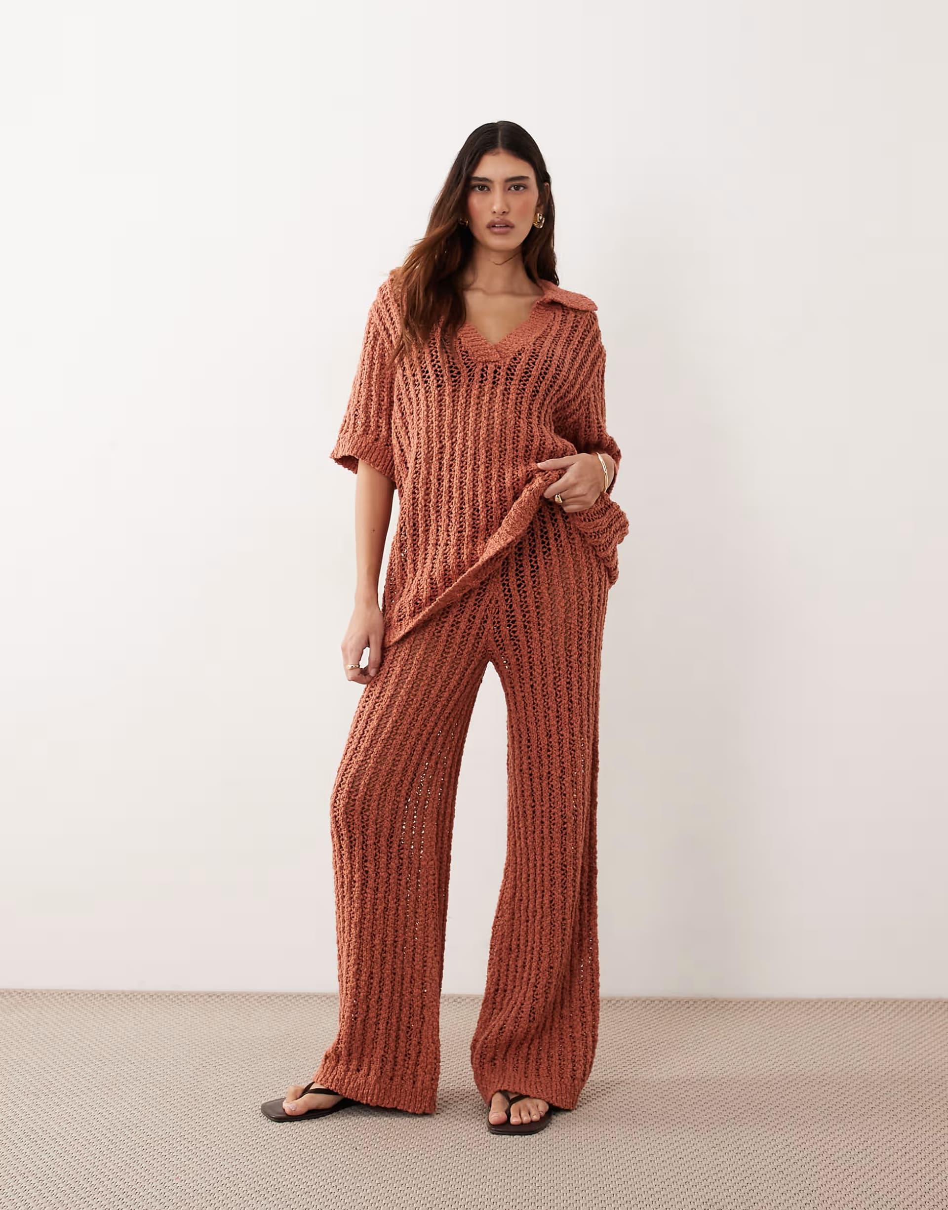 ASOS ARRANGE crochet collared top and straight led trouser co ord in terracotta