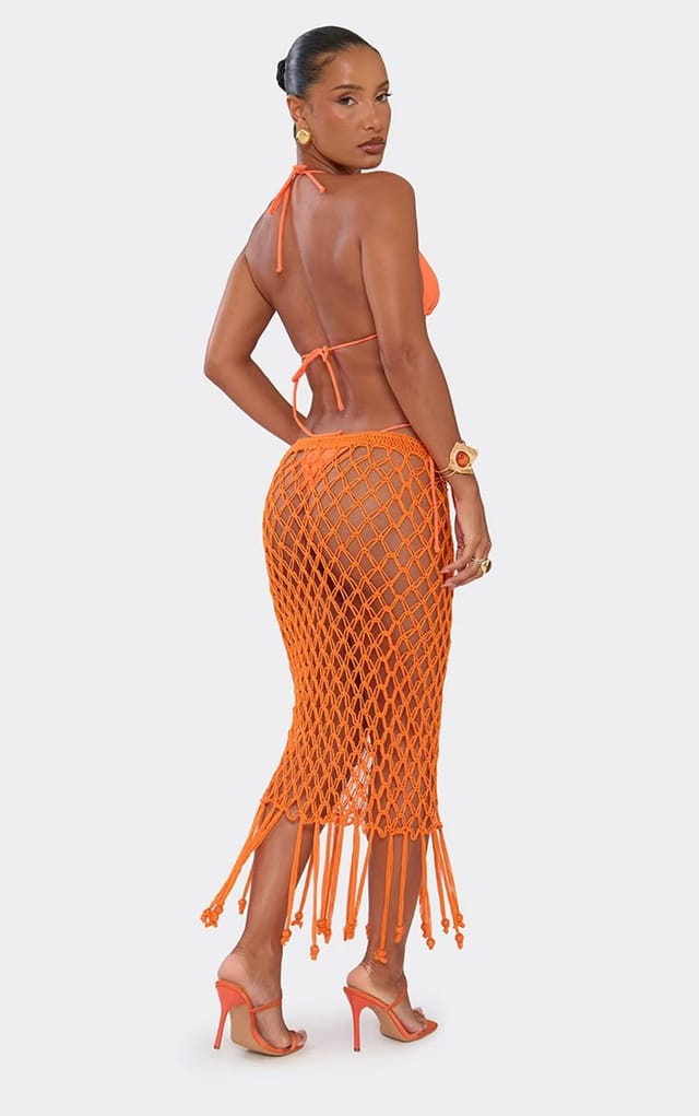 EGO Fringe Beaded Detail Maxi Skirt In Orange Crochet Knit, Women's Size UK S - 2