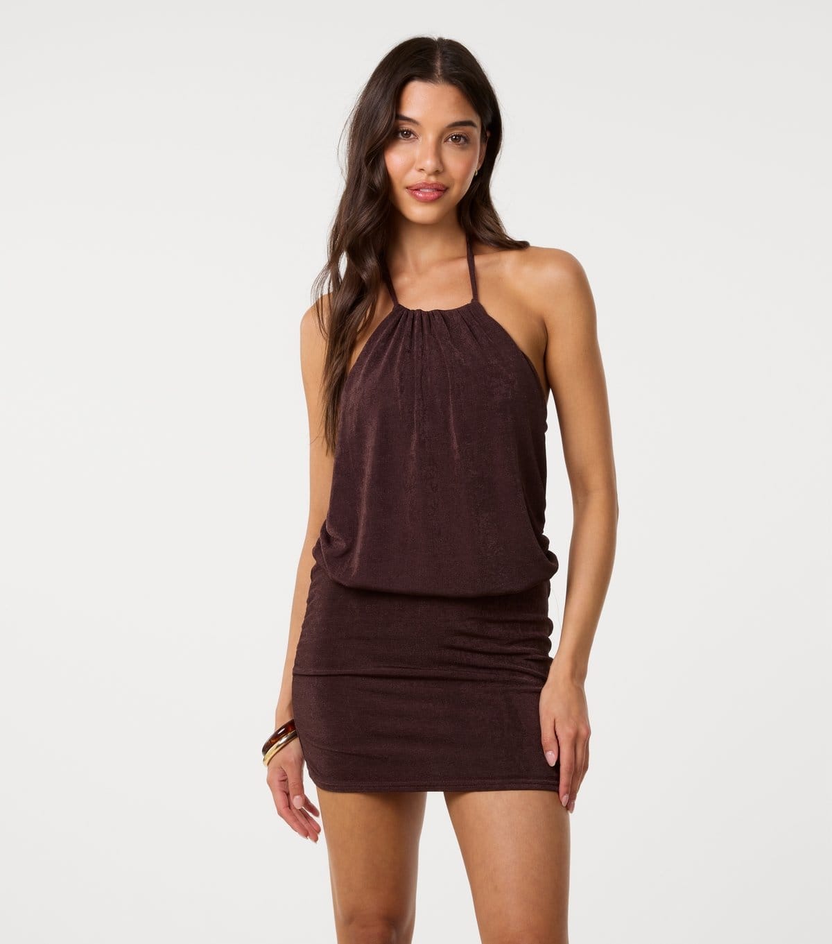 Pink Vanilla Dark Brown Halter Neck Mini Dress