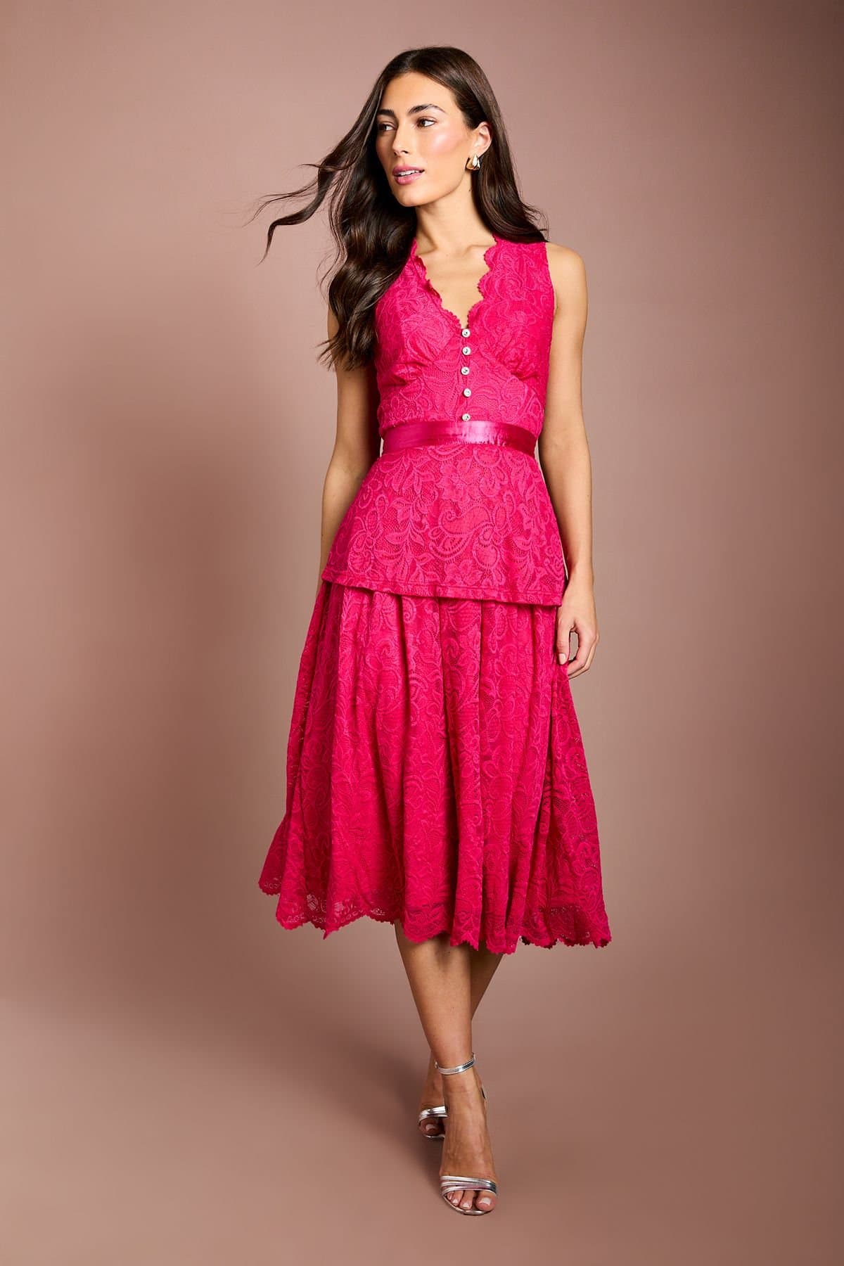 Coast Coast Women's Peplum Detail Lace Dress in Pink