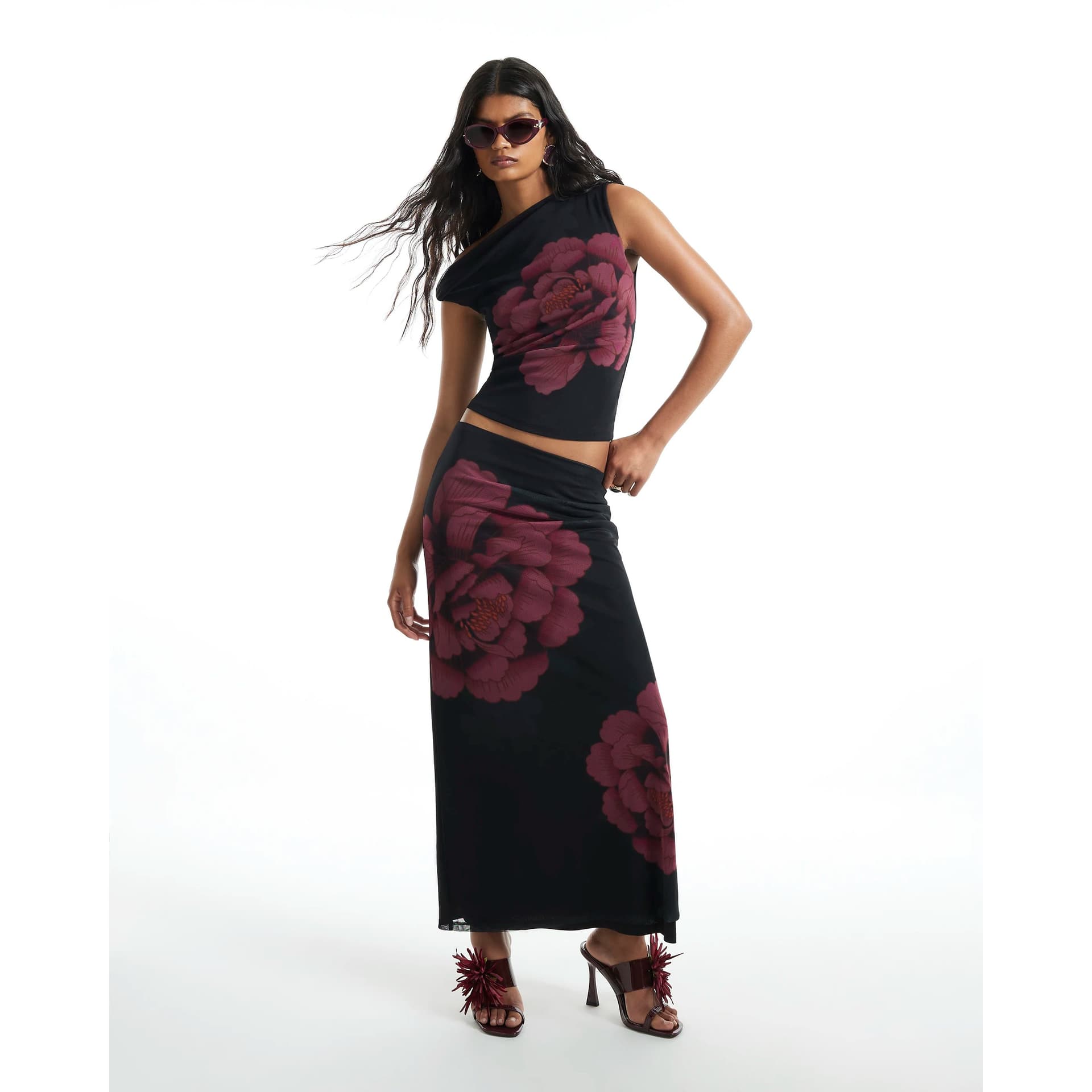 River Island River Island Womens Black Mesh Floral Print Maxi Skirt