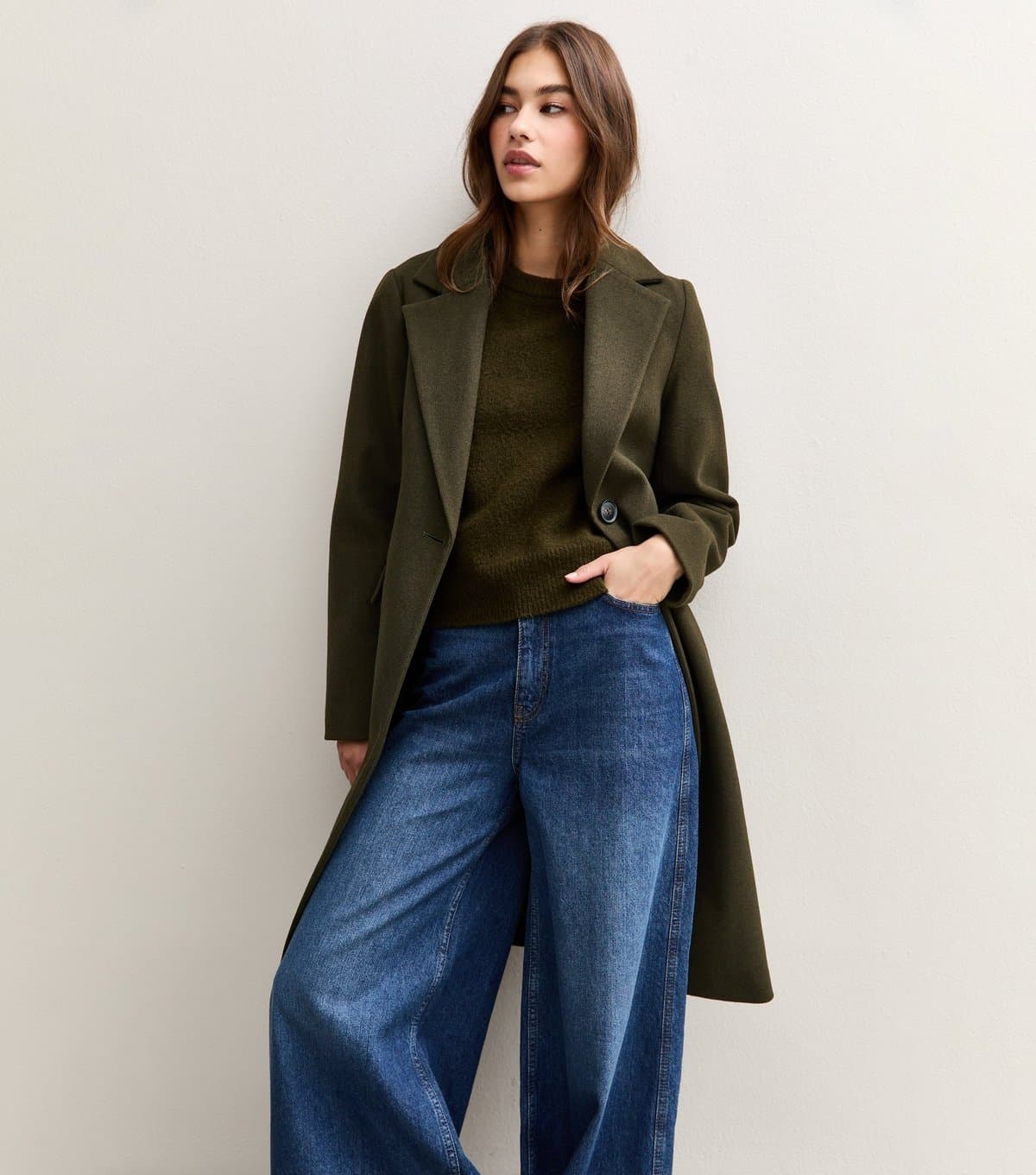 New Look Women's Dark Khaki Single Button Lined Coat New Look