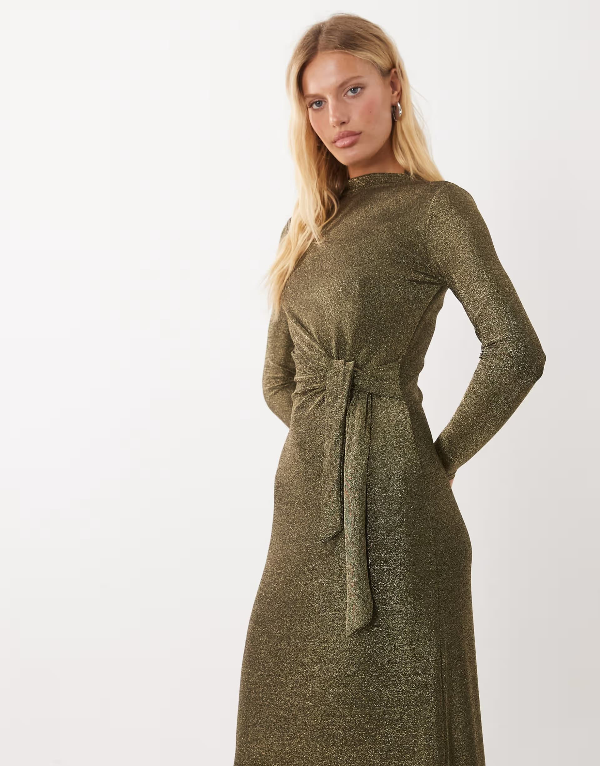 ASOS Threadbare draped long sleeve midi dress with knot detail in gold
