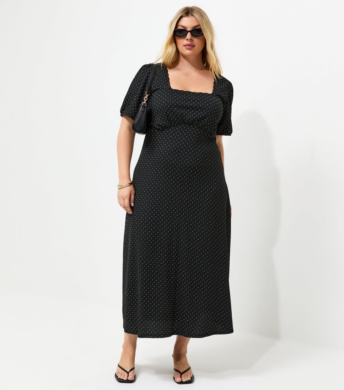 New Look Women's Plus Size Black Spotty Square Neck Midi Dress Curves New Look