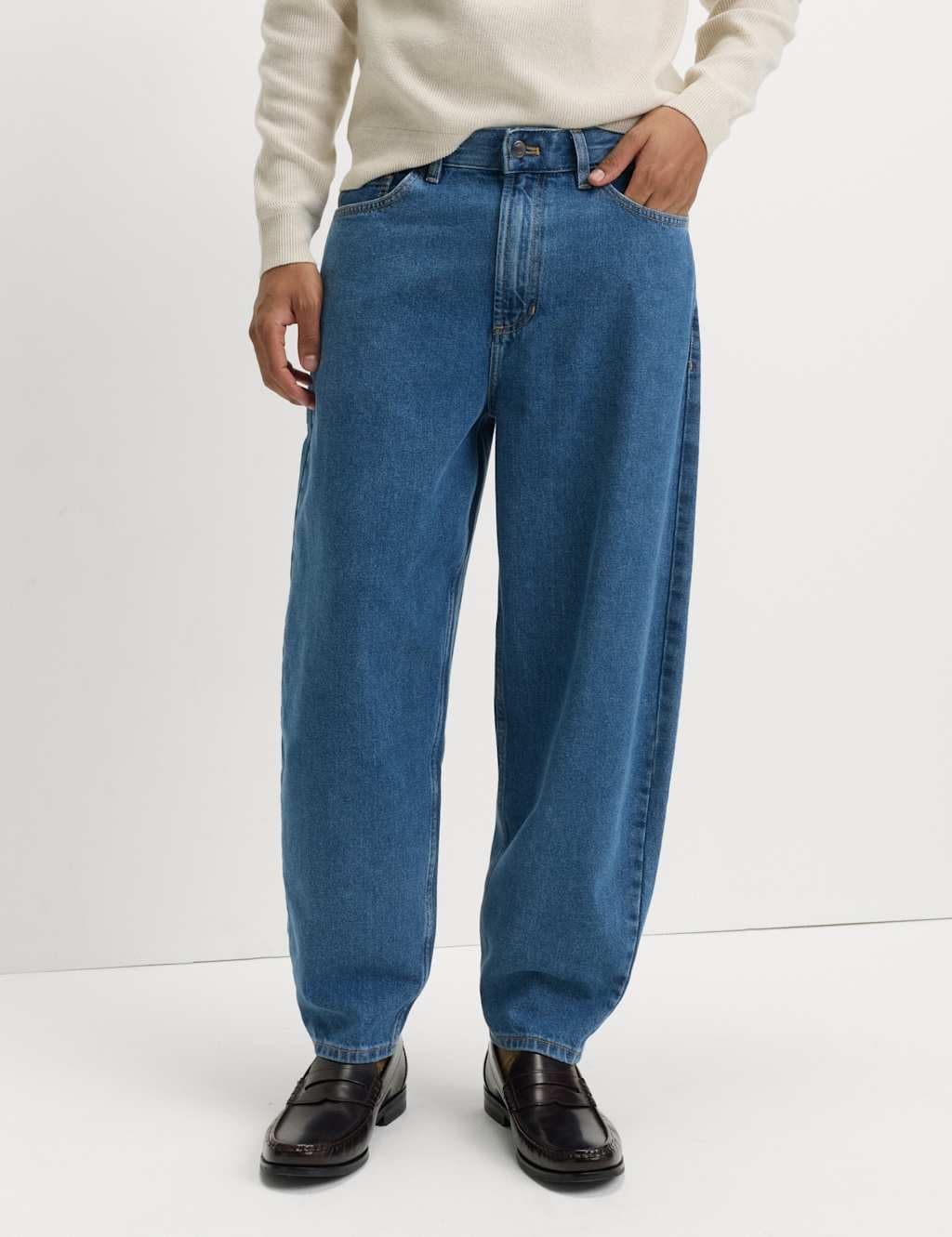 Marks & Spencer M&S Medium Blue Barrel Fit Pure Cotton Rigid Jeans