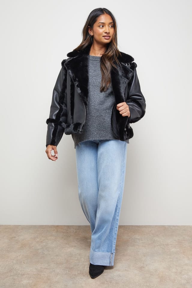 Oasis Oasis Women's Shearling PU Aviator Jacket in Black - 2