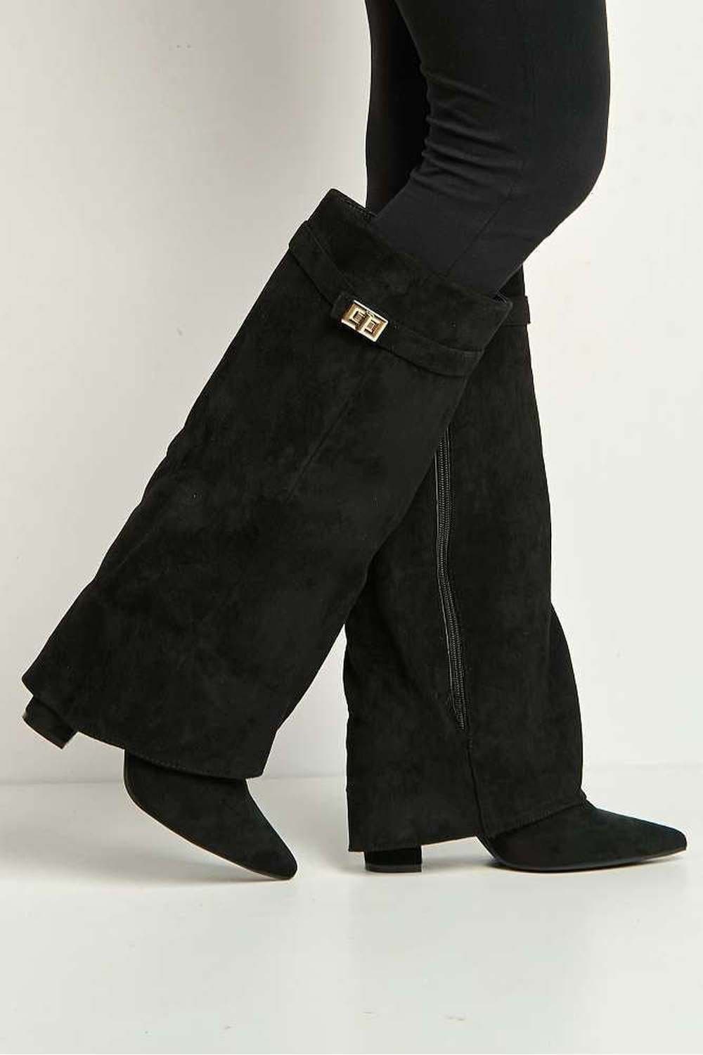 Miss Diva Miss Diva Women's Ayla Block Heel Pointy Toe Collared Faux Suede Clasp Detail Calfboots in Black
