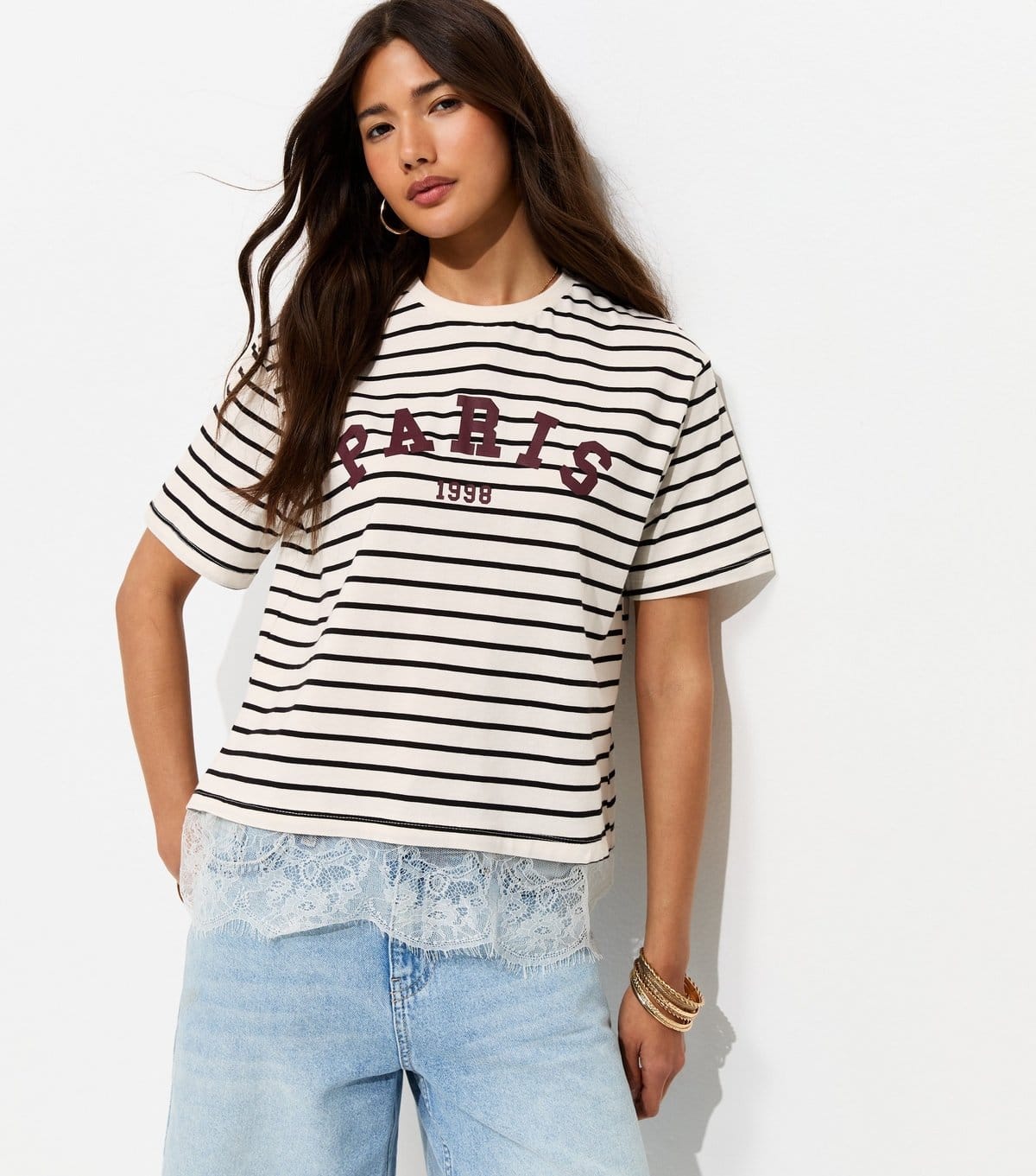 New Look White Striped Paris Lace Hem T-Shirt