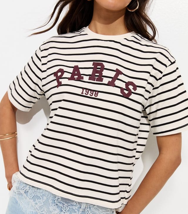 New Look Women's White Cotton Striped Paris Lace Hem T-Shirt New Look - 2