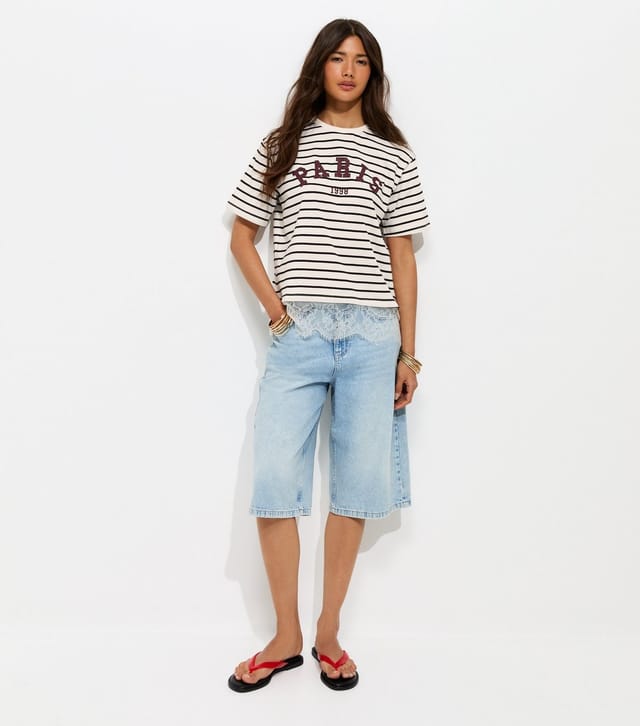 New Look Women's White Cotton Striped Paris Lace Hem T-Shirt New Look - 3