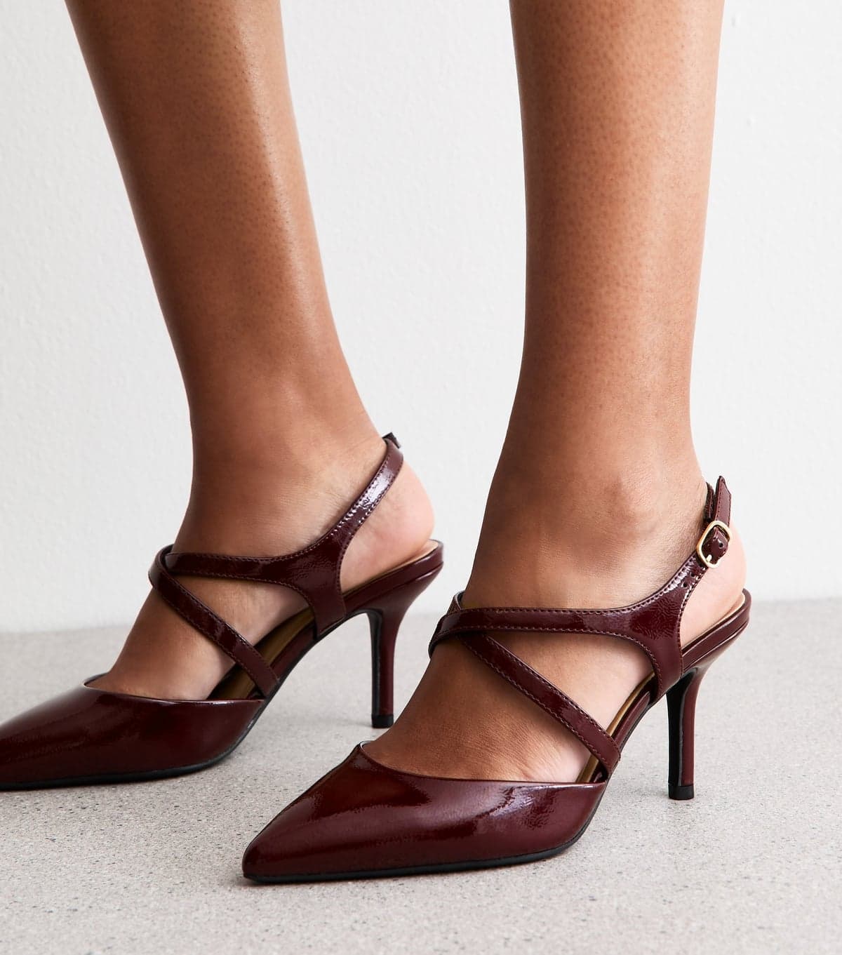 New Look Women's Wide Fit Dark Burgundy Patent Faux Leather Heels Vegan New Look