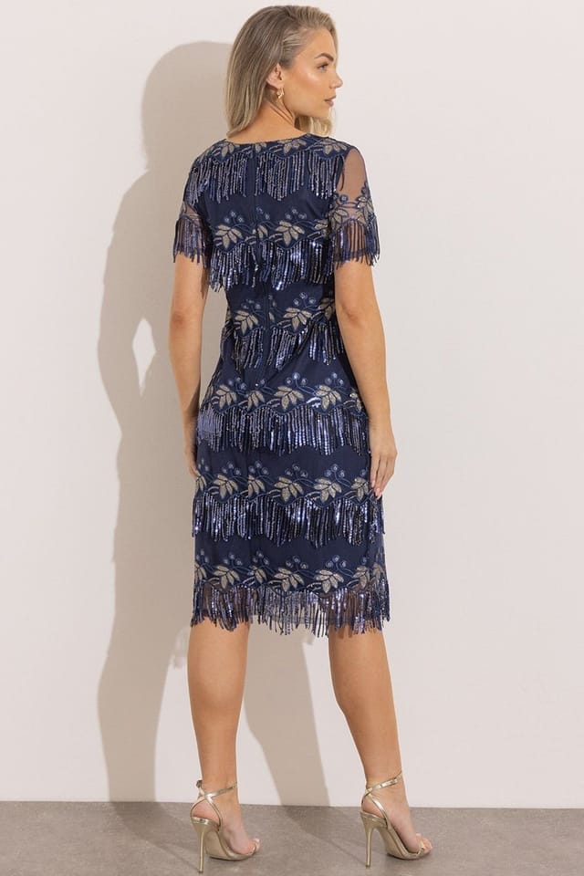 Klass. Klass. Women's Embellished Fitted Tassel Dress in Dark Navy - 3