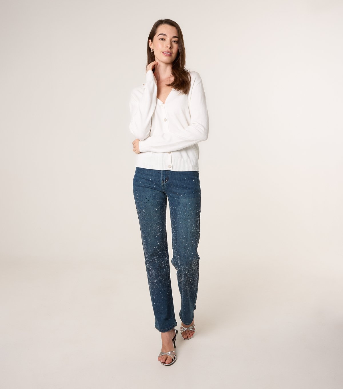 Blue Vanilla Women's White Diamante Button V-Neck Cardigan Blue Vanilla New Look - 2