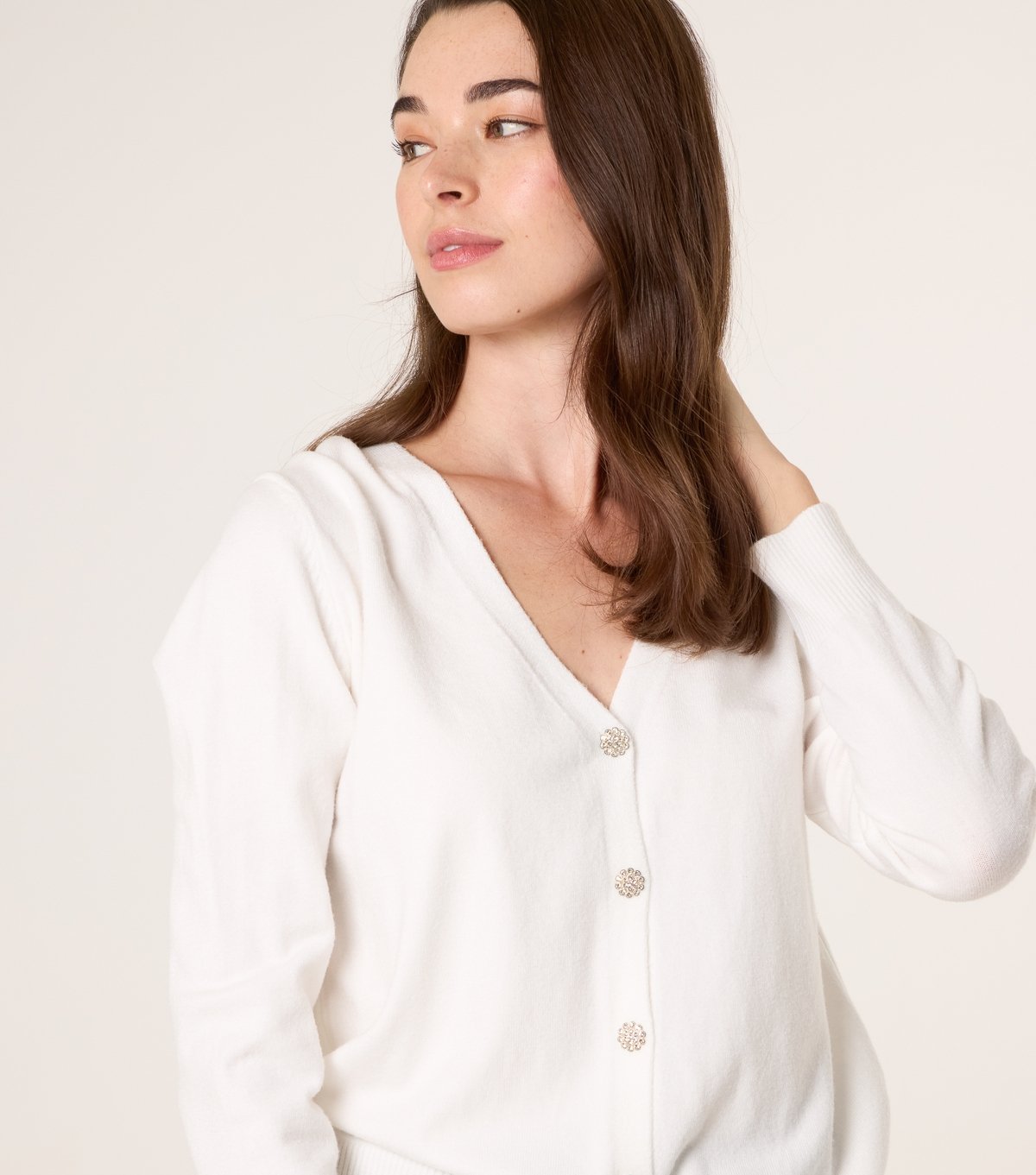 Blue Vanilla Women's White Diamante Button V-Neck Cardigan Blue Vanilla New Look - 3