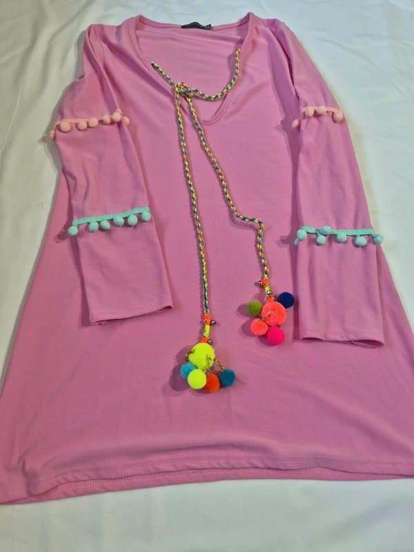 PrettyLittleThing PrettyLittleThing Pink Pom Pom Mini Dress Size 8 Boho Festival Tassel Long Sleeve