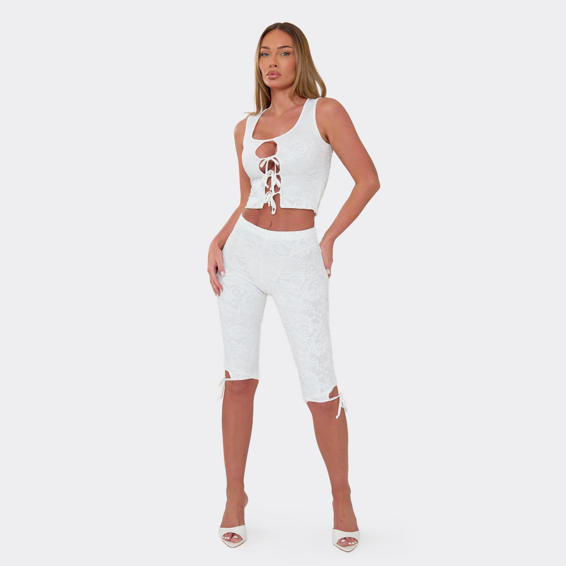 EGO Sleeveless Tie Front Bow Detail Top And Capri Leggings Co-Ord Set In White Lace, Women's Size UK 6