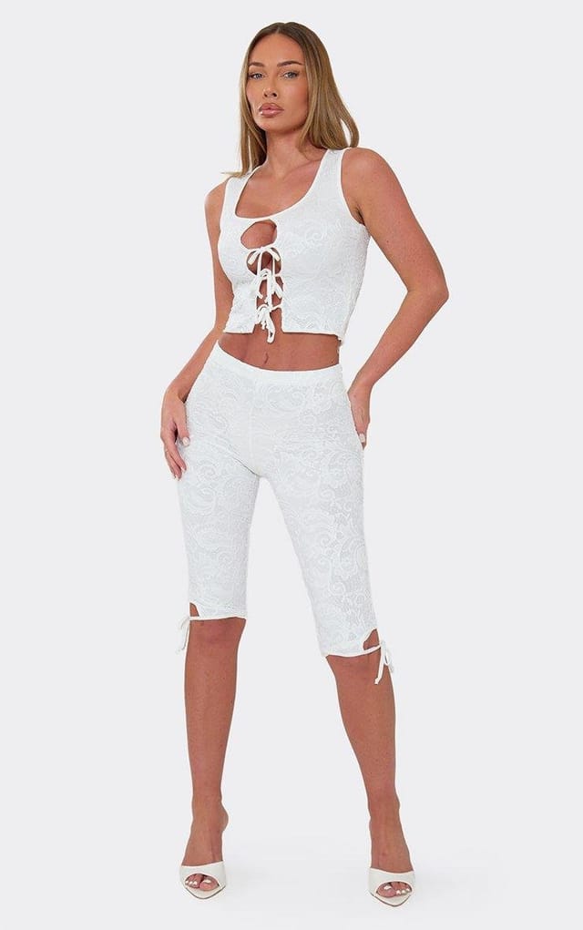 EGO Sleeveless Tie Front Bow Detail Top And Capri Leggings Co-Ord Set In White Lace, Women's Size UK 6 - 2