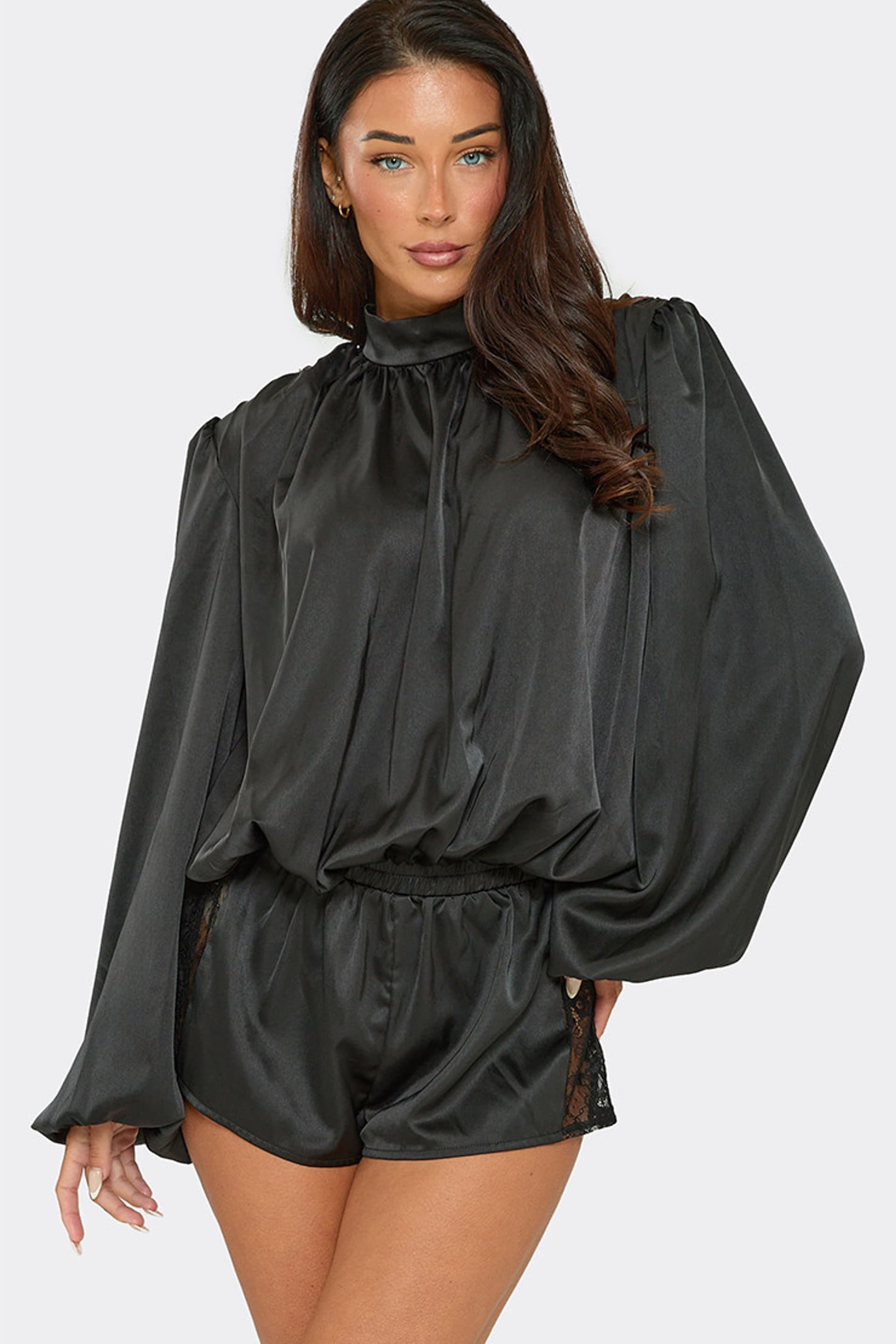 EGO EGO Women's Long Sleeve High Neck Satin Playsuit in Black