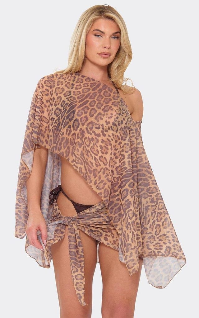 EGO Off The Shoulder Cape Top In Multi Leopard Print, Women's Size UK 6 - 2