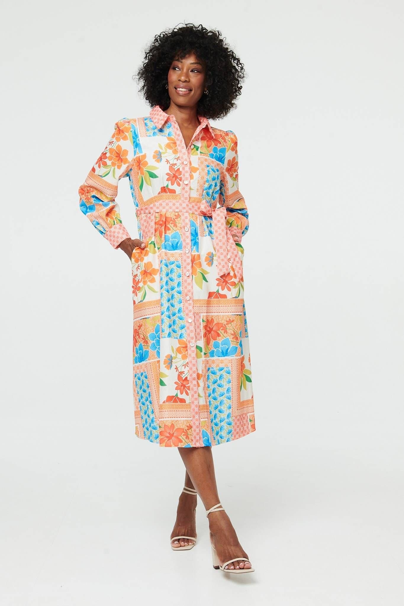 Izabel London Izabel London Women's Patchwork Tie Waist Midi Shirt Dress in Orange