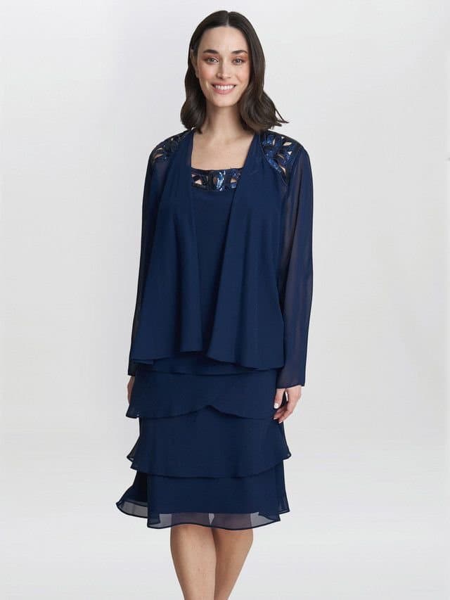 Gina Bacconi Gina Bacconi Women's Leigh Embellished Tiered Sequin Jacket Dress in Navy