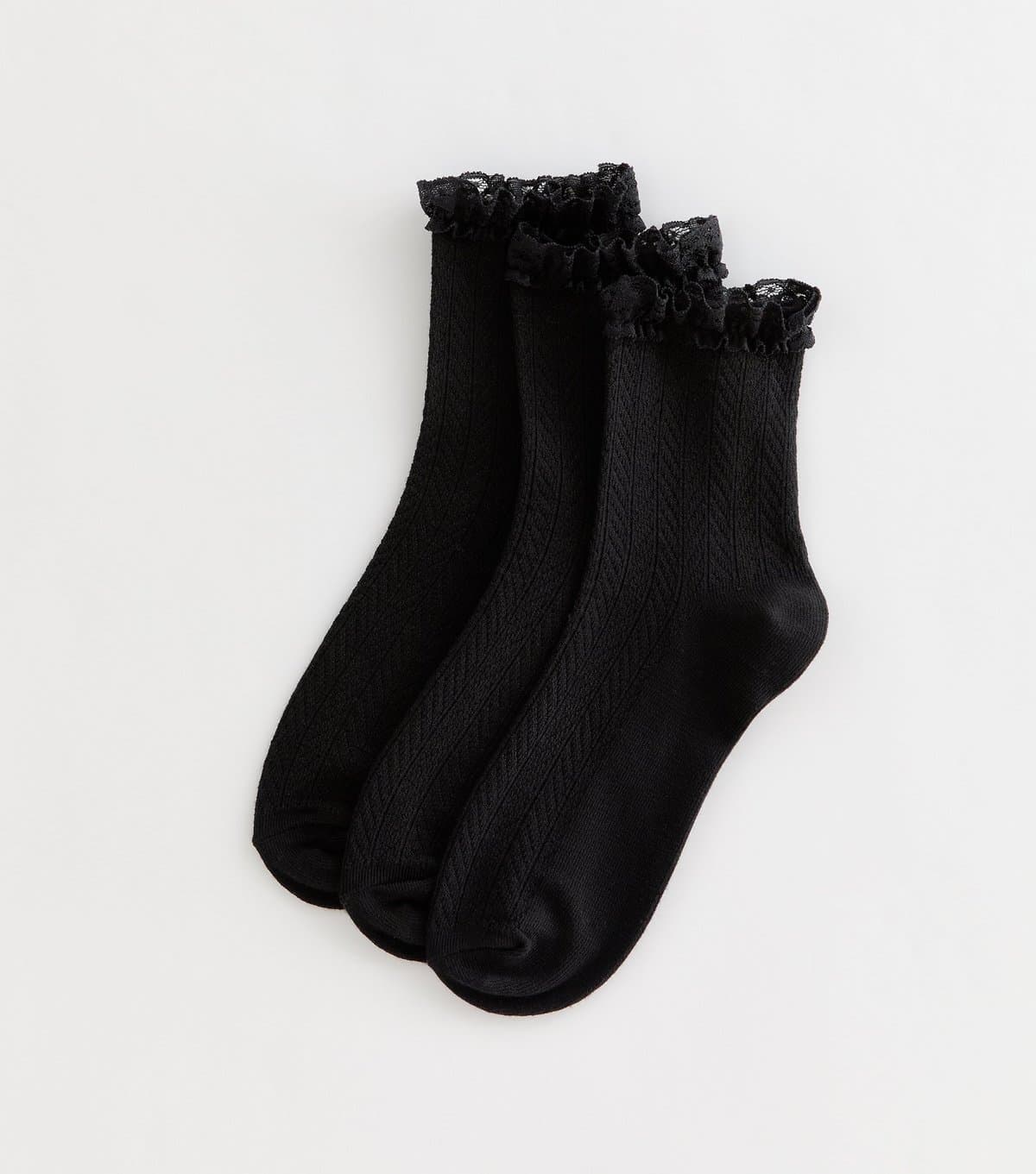 New Look Black Herringbone Frilly Lace Trim Ankle Socks New Look