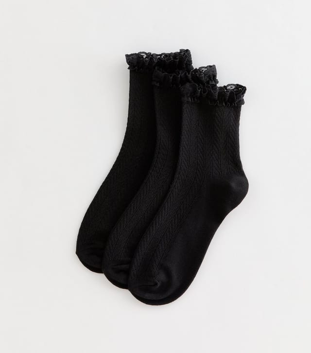 New Look Black Herringbone Frilly Lace Trim Ankle Socks New Look - 2