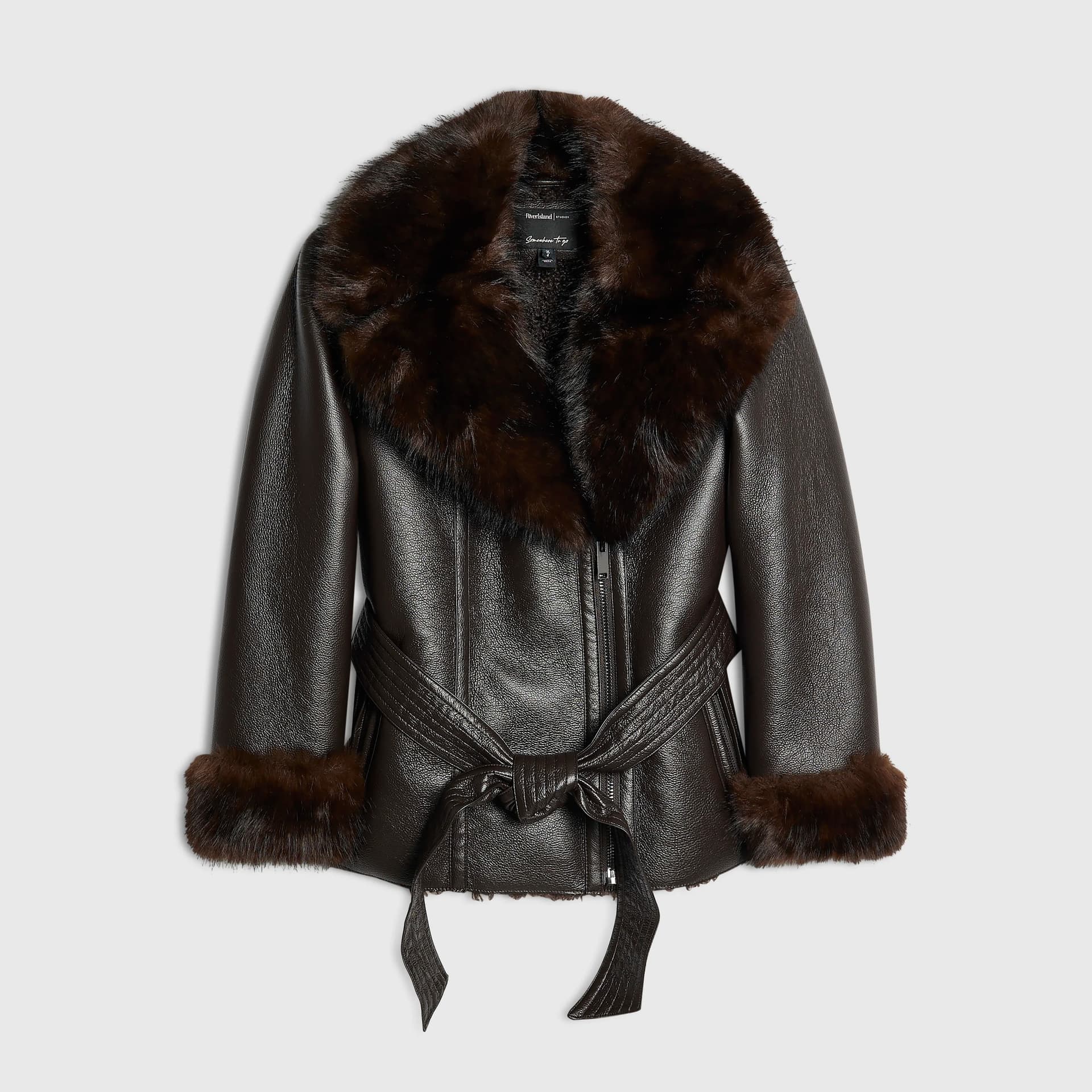 River Island River Island Womens Petite Brown Faux Leather Shearling Jacket