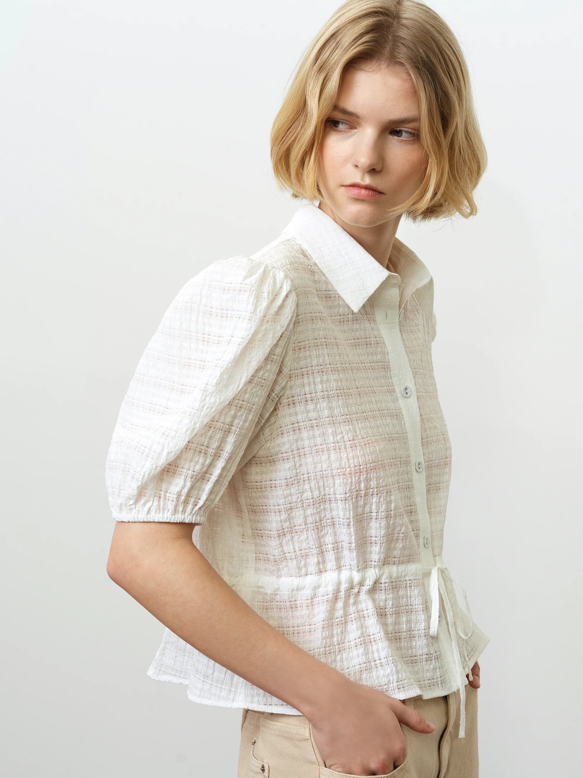 French Connection French Connection White Seersucker Drawstring Shirt