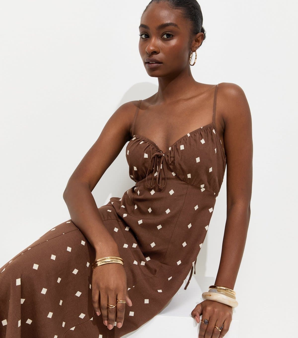 New Look Women's Brown With Linen Diamond Strappy Midi Dress New Look