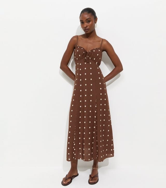 New Look Women's Brown With Linen Diamond Strappy Midi Dress New Look - 3