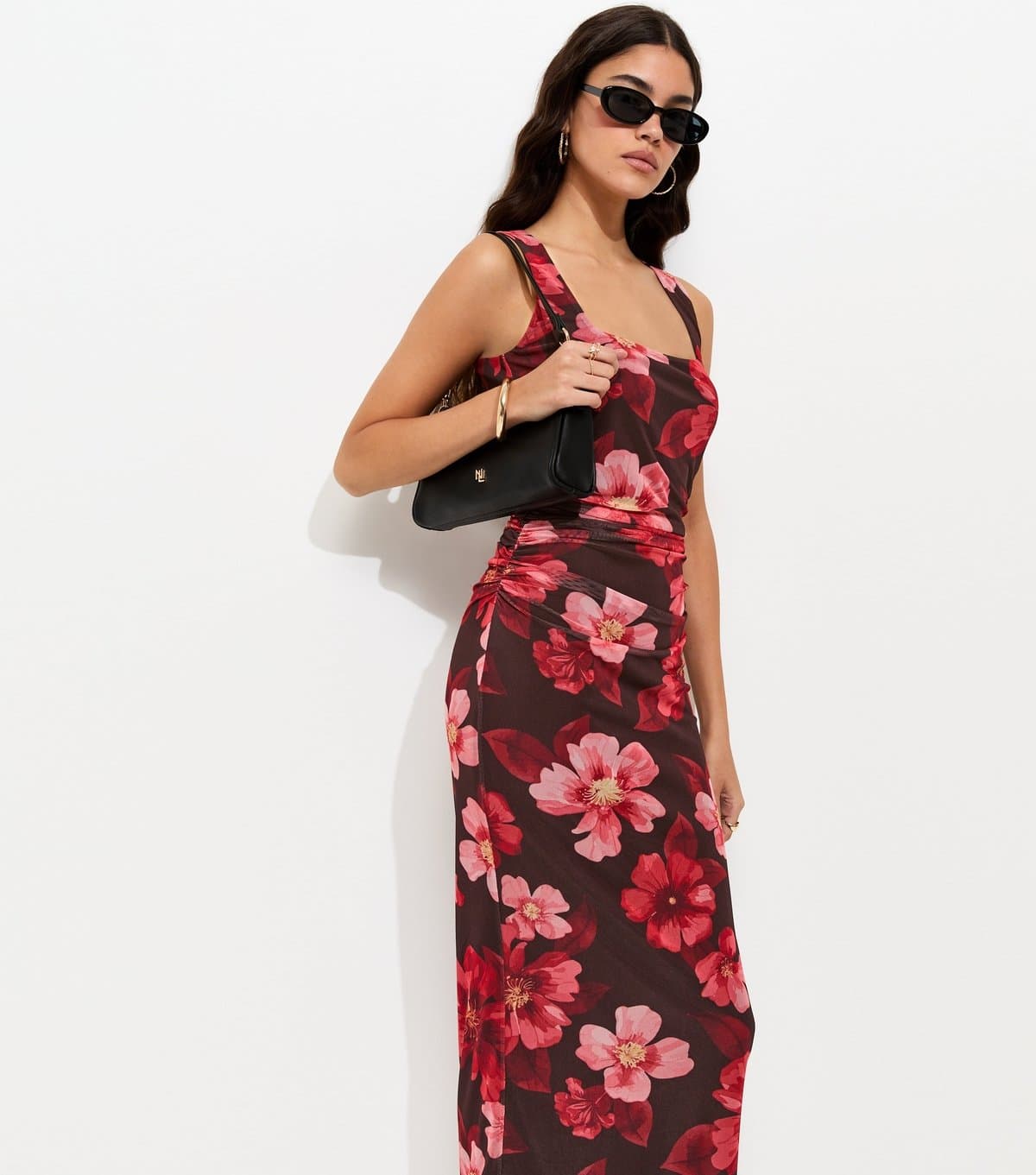 New Look Women's Brown Floral Mesh Square Neck Midi Dress New Look