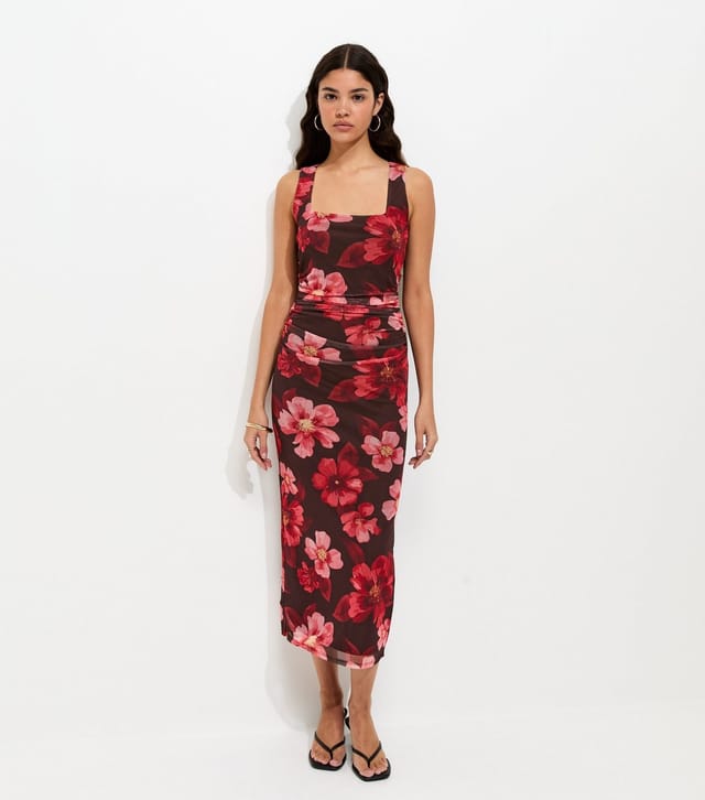 New Look Women's Brown Floral Mesh Square Neck Midi Dress New Look - 3
