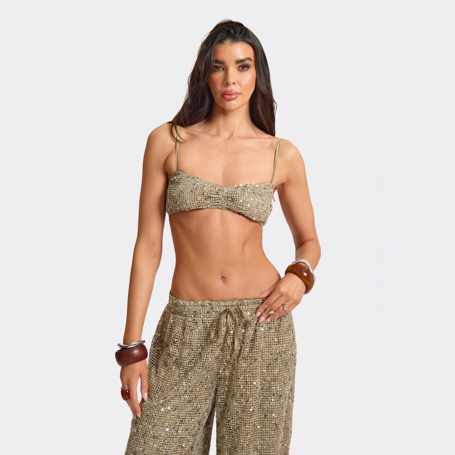 EGO EGO Khaki Sequin Strappy Bralet, Women's Size UK L