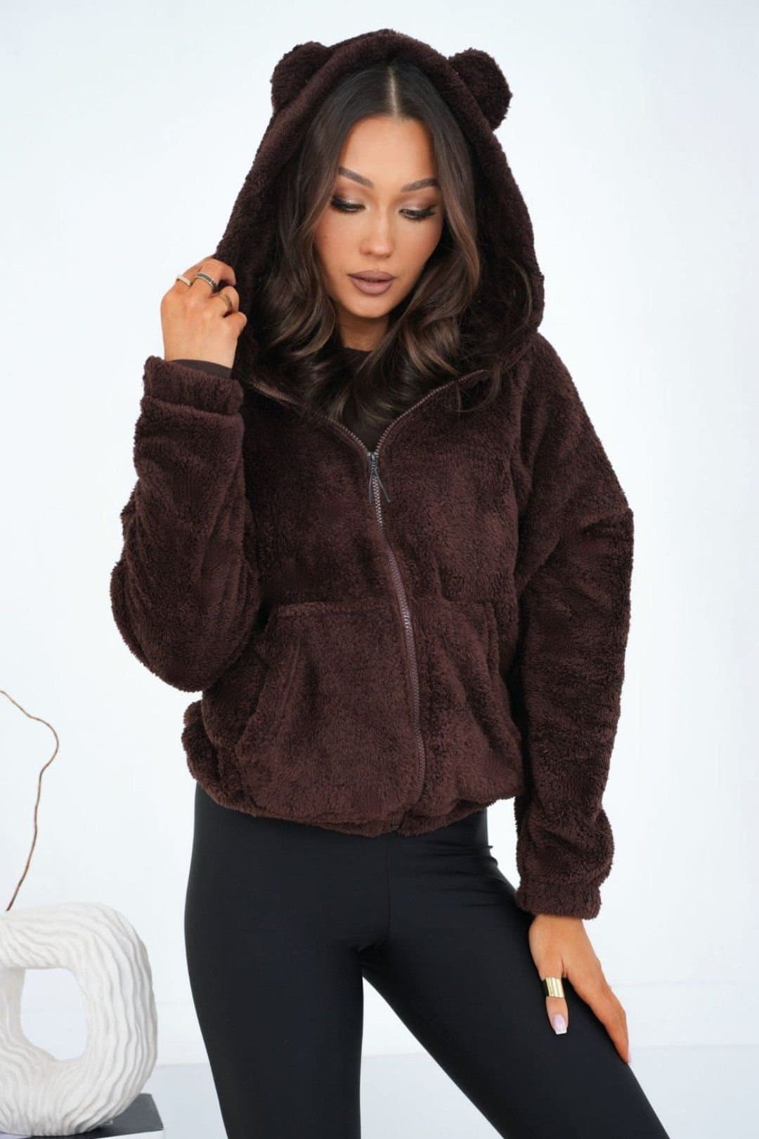 Love Lace Love Lace Women's Soft Teddy Zip Hoodie Sweatshirt with Ears in Brown