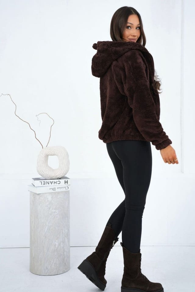 Love Lace Love Lace Women's Soft Teddy Zip Hoodie Sweatshirt with Ears in Brown - 3