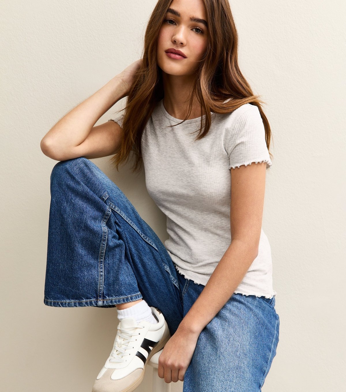 New Look Women's Grey Ribbed Jersey Frilly Trim Short Sleeve Top New Look - 2