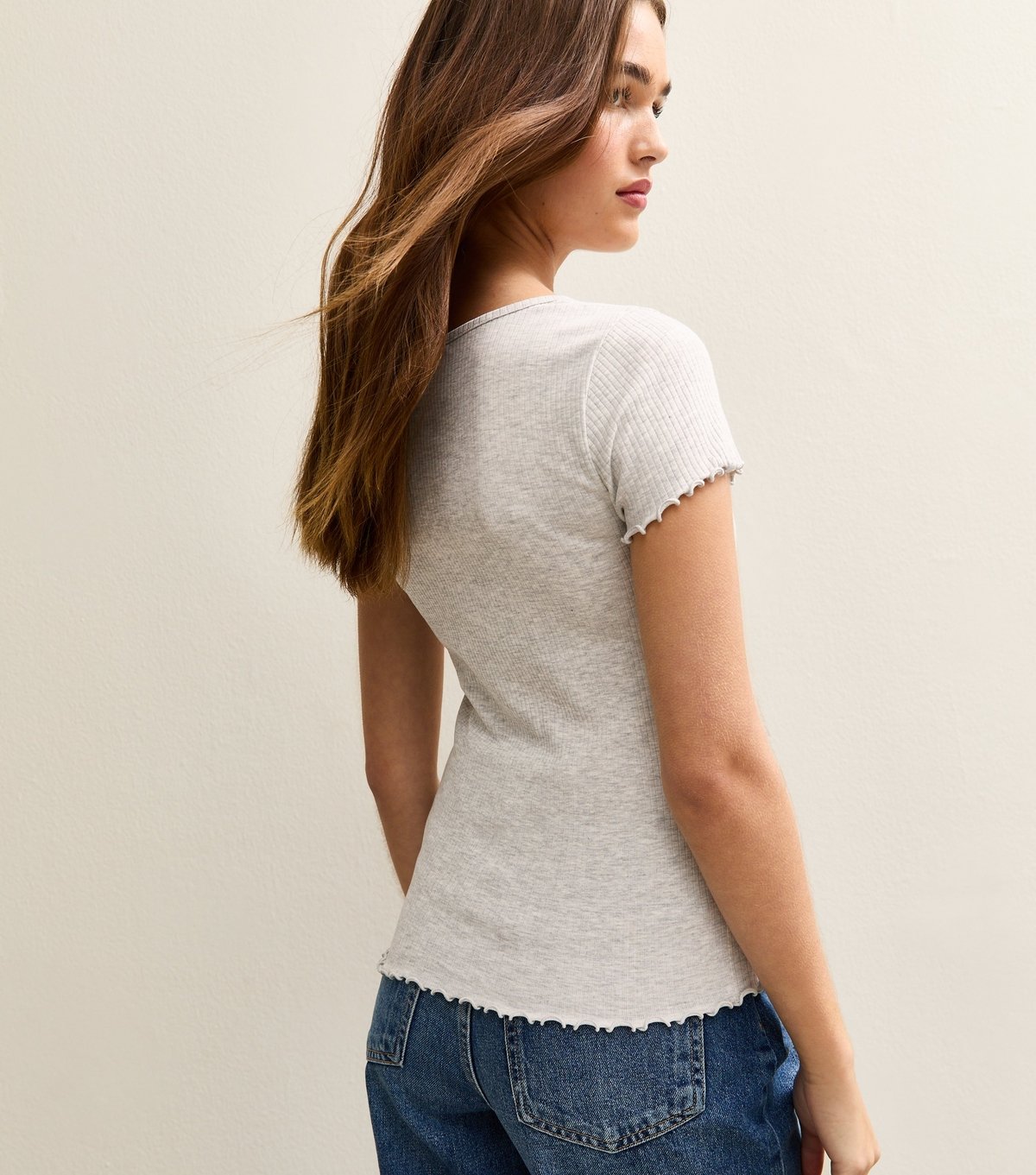New Look Women's Grey Ribbed Jersey Frilly Trim Short Sleeve Top New Look - 4
