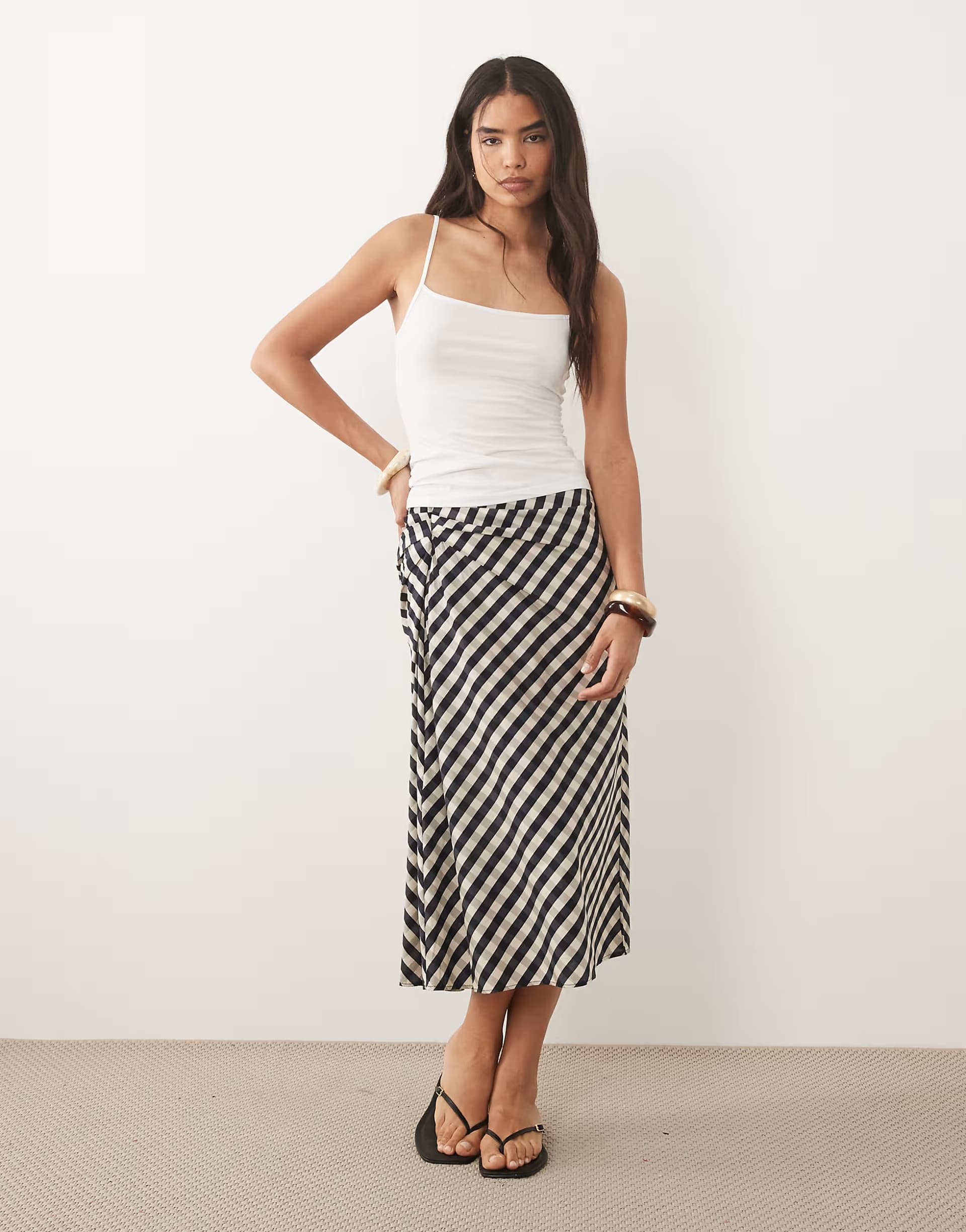 ASOS Mango Navy Check Print Ruched Side Midi Skirt