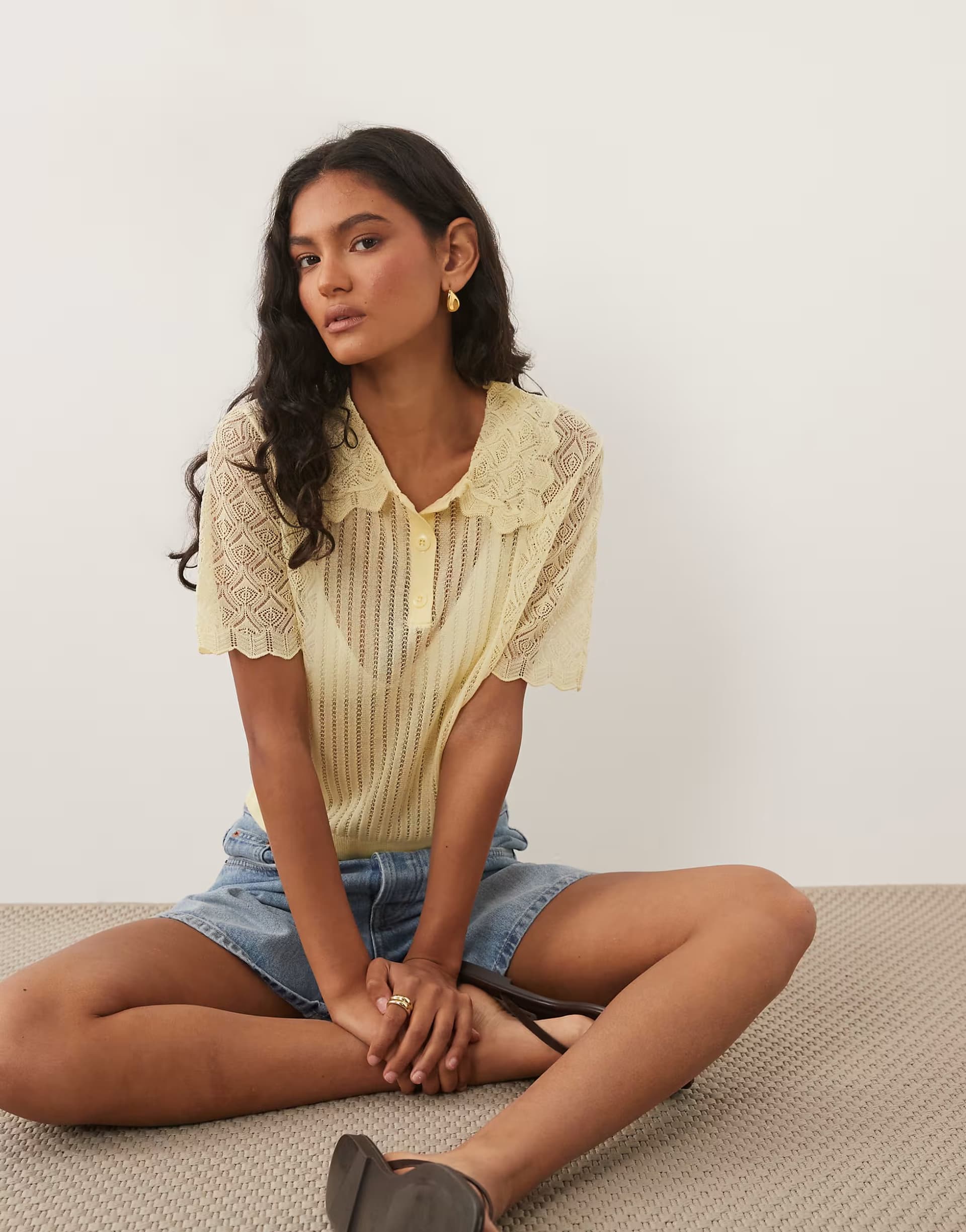 ASOS Miss Selfridge crochet knitted polo in buttermilk