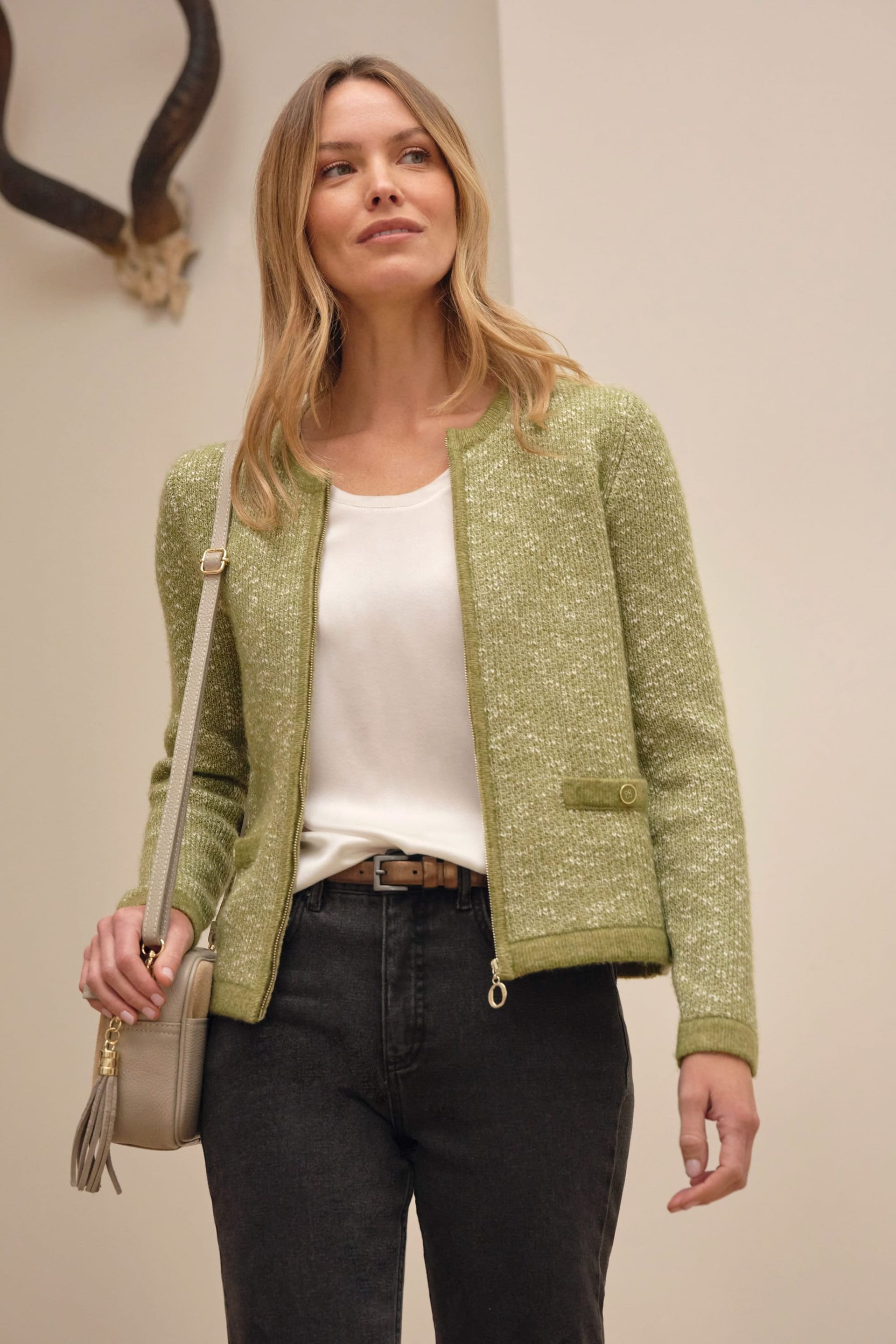 Pure Collection Green Wool-Cotton Tweedy Zip Jacket