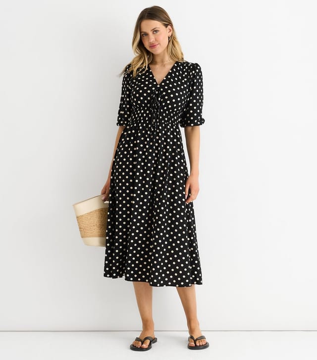 Gini London Women's Black Polka Dot Tie Neck Midi Dress Gini London New Look - 2