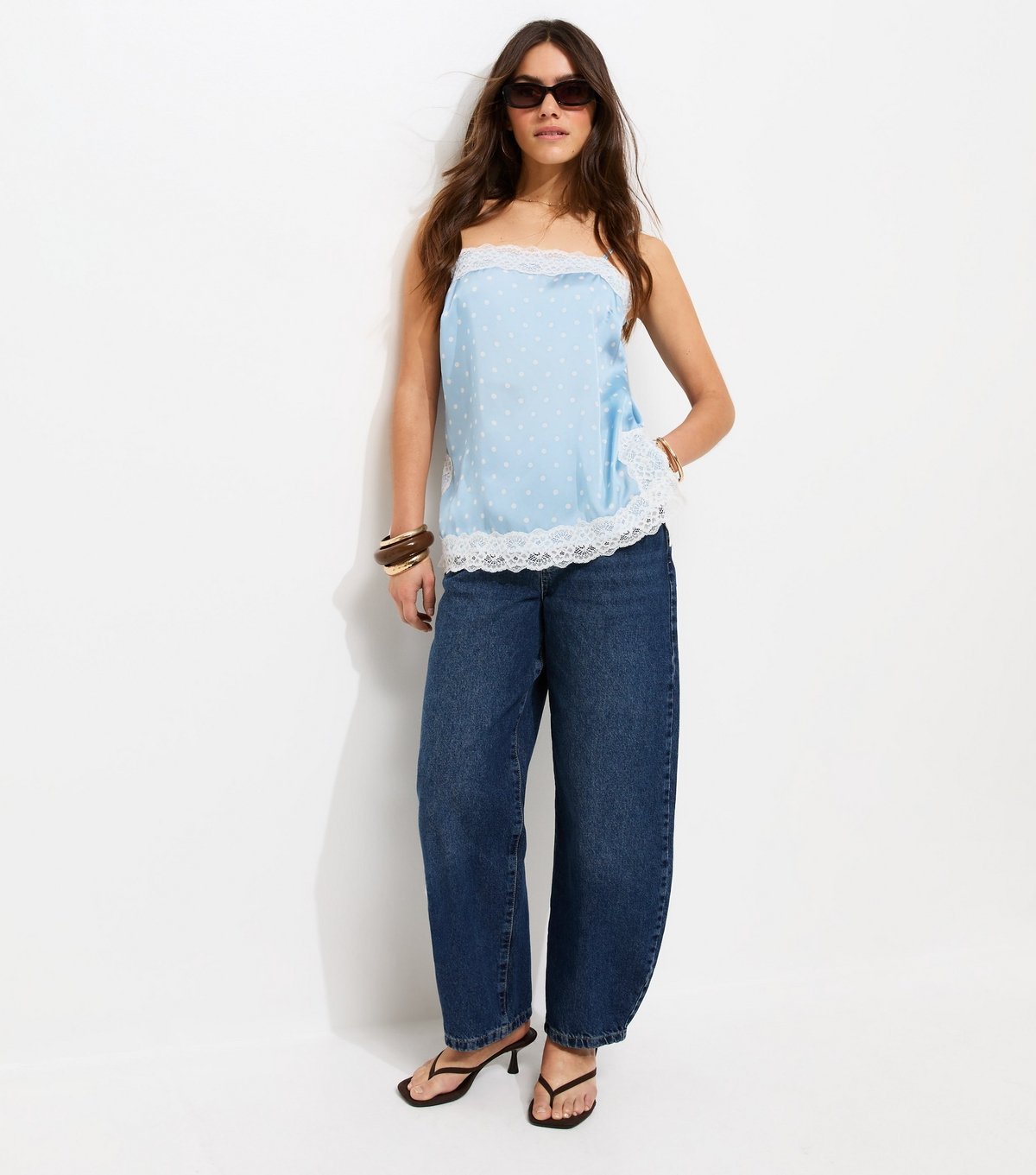 New Look Women's Petite Blue Satin Polka Dot Lace Trim Cami Top New Look - 3