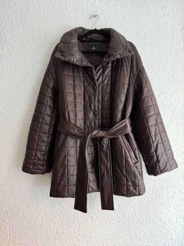 7 For All Mankind Women's 7 For All Mankind Puffer Brown Quilted Waist Belt Faux Leather Jacket