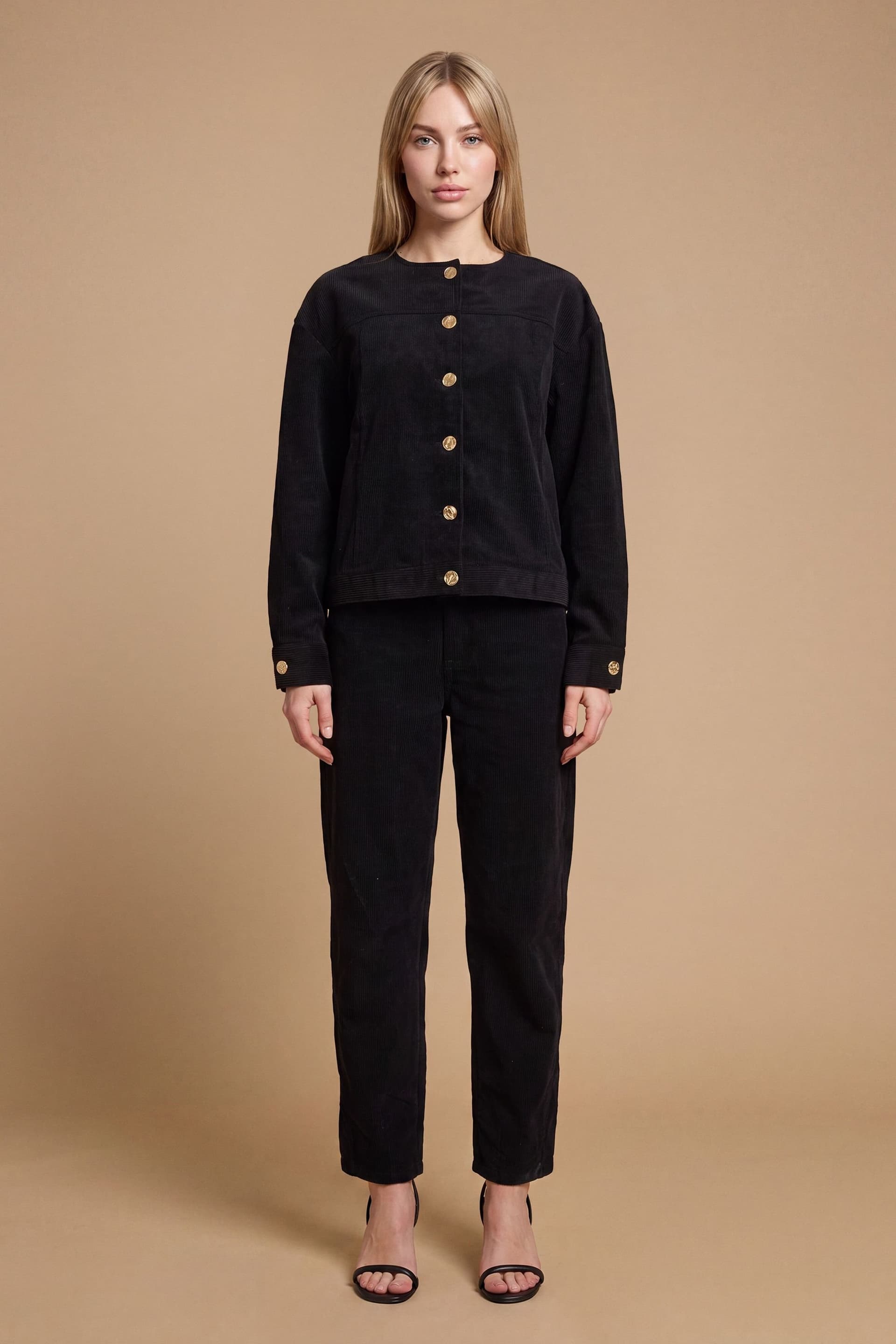 Oasis Oasis Women's Collarless Cord Jacket With Mottled Buttons in Black