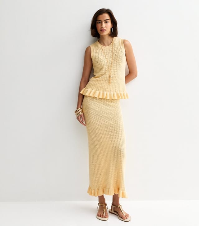 New Look Women's Yellow Cotton Rich Stitchy Knit Frill Hem Midi Skirt New Look - 3