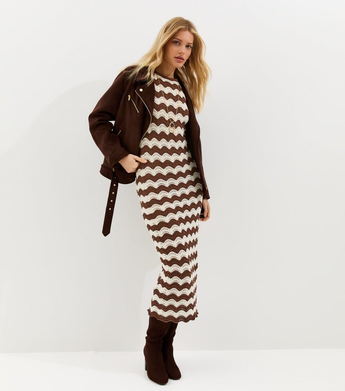 New Look Women's Brown Cotton Rich Knit Sleeveless Zig Zag Beach Maxi Dress New Look